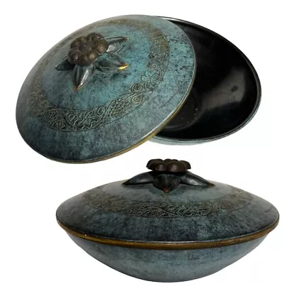 Pal-Bell Covered Decorative Bowl Flower Blossom Handle Israel Green Verdigris • $75