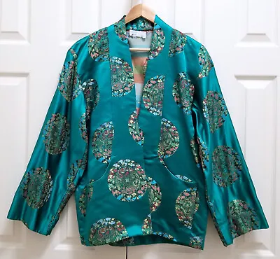 Vintage Embroidered Silk Emerald Green Chinese Open Front Opera Smoking Jacket • $95
