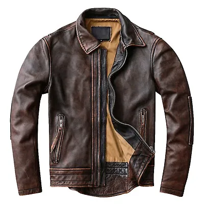 Men Vintage Leather Jacket Cowhide Coat Red Brown Leather Jacket • $169.99