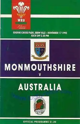 AUSTRALIA 1992 RUGBY TOUR PROGRAMME V MONMOUTHSHIRE WALES 17 November Ebbw Vale • £4.99