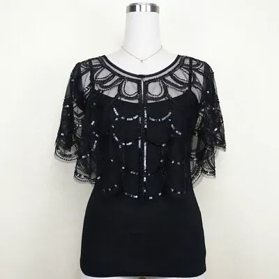 Lady Sequin Shrug Bolero Cape Sheer Lace Shawl Evening Prom Dress Cardigan Retro • £22.09