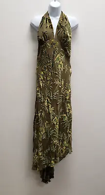 Vintage Dina Bar El Womens Halter Top Midi Dress Size L Green Floral Silk Y2K • $124.88