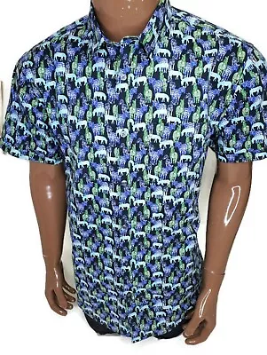 Marc Anthony Luxury Slim Fit Mens Hawaiian Shirt Green Blue Zebra Large  • $15