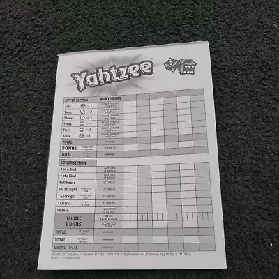 Yahtzee Score Card Pad Sheet Dice Game-One-Sided Front 2012 • $7.99