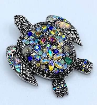 B2-458 Vintage Silver Brooch Pin 2.25  Crystal Animal Sea Turtle • $6.99