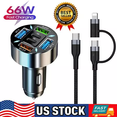66W Multi-Port Fast Car Cell Phone Charger Adapter 3FT 2-in-1 Cable Universal • $10.99