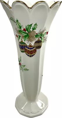 MIKASA Christmas Spirit 9  Vase Gold Accents B2098 Narumi Japan • $42.99