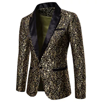 Men Sequins Gentleman Blazer Jacquard Jacket One Button Tuxedo Suit Party Coat • £30.48