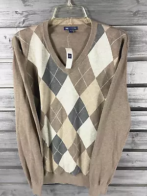 NEW Gap Beige Argyle Long Sleeve V Neck Sweater Mens L/M 100% Cotton • $13.39