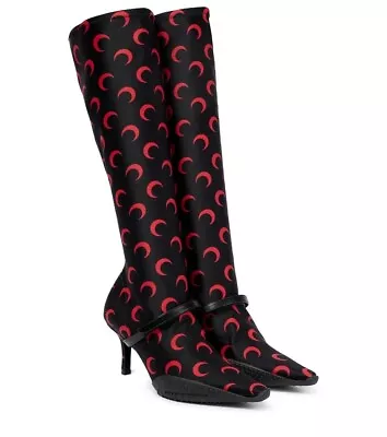 NEW Marine Serre Crescent Moon 50mm Heel Sock Knee High Boot- Black/Red- 40/10US • $971.25