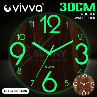 $19.59 • Buy Glow In Dark Wall Clock Luminous Quartz Wooden Non Ticking Home Decor 12''/30cm
