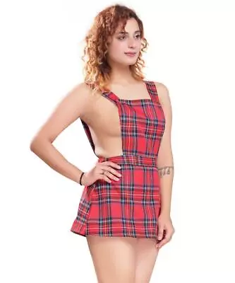 Ladies Pinny Dress Red Tartan Checks A Line Pinafore Waist Micro Mini Dresses • £14.86