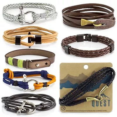 QUEST Mens Boys Leather Rope Bracelet Cuff Sailor Knot Braided Wristband Wrap • £6.99