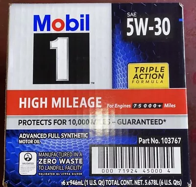 Mobil 1 High Mileage Full Synthetic Motor Oil 5W-30 5-Pack Of 1 Quarts. NEW • $54.99