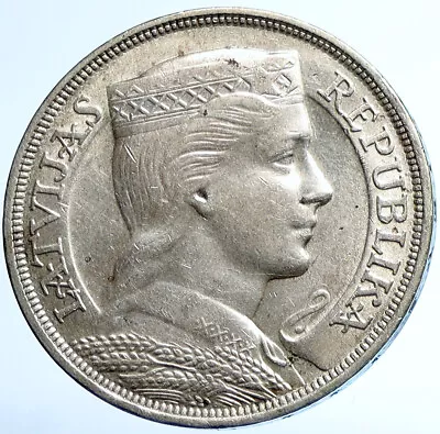 1931 LATVIA W Female Headwear 5 Lati LARGE Vintage Silver European Coin I110053 • $470.80