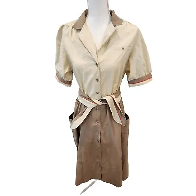 Vintage 60s 70s Anjac Fashions Tan Off White Midi Shirt Dress L Waitress • $97.46