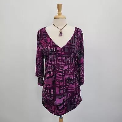 Miss Tina Womens Purple Slit Sleeve V-Neck Top Blouse Size XL Ruched Sides • $24.98