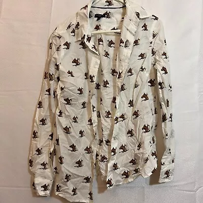 Vintage Blouse Womens Shirt Top Size 12 Horse Print White Brown 100% Cotton Boho • $17.05