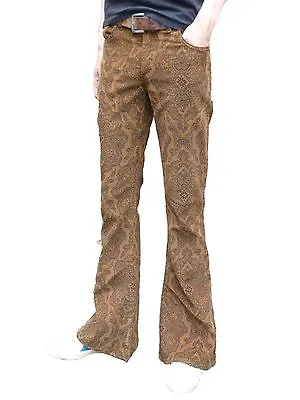 FLARES Brown Paisley Mens Bell Bottoms Corduroy Pants Vtg Hippie Trousers 60's • $58.31