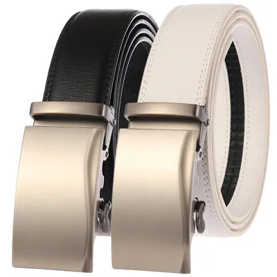 Business Real Leather Belts For Men Automatic Buckle Belt Ratchet Cow Strap Gift • £10.79