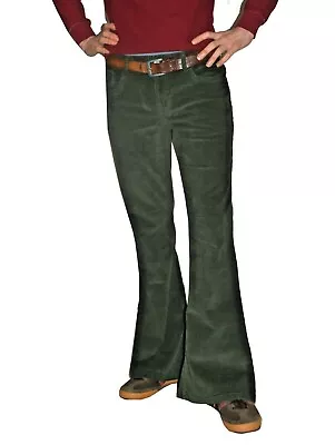 £38.90 • Buy FLARES Green Mens STRETCH Bell Bottoms Cords Hippie Vtg Indie Trousers 60s 70s