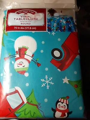 Holiday Time Christmas Vinyl Tablecloth Trucks & Trees 70 Inch Round NEW • $9