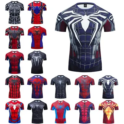 Men's T-shirts Spider Superhero Compression Tights Short Sleeve Tops Tee Gym • $13.99