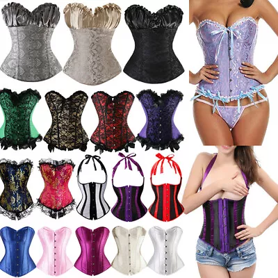 Women Lace Up Corset Overbust Bustier Steampunk Waist Trainer Tops Underbust USA • $12.78