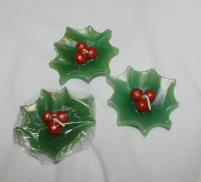 3 Holly & Berries Floating Votive Christmas Candles Green Red Brushed Gold - 3  • $7.46