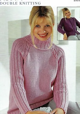 451 Ladys Dk Cable Trim Raglan Cardi & Sweater 32 To 40  Knitting Pattern Copy • £3.49