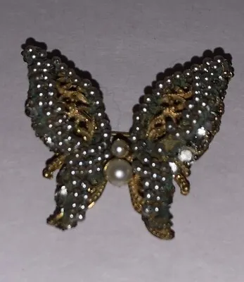 Vintage Signed Miriam Haskell Brooch Pin Gold Tone Butterfly  W/ Pearls RARE • $147.97