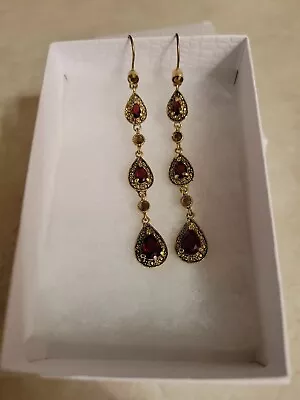 Vintage Monet Earrings Garnet/amber Stones Long Teardrop Dangle 2.75 ...pre-own • $9.99