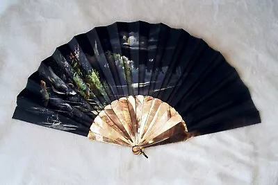 Antique Hand Fan Black Mother Of Pearl Hand Painted Leaf Duvelleroy • $434.57
