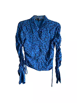ZARA Woman Lapel Print Long Sleeve Shirt Size Small Bluish Blue • $25