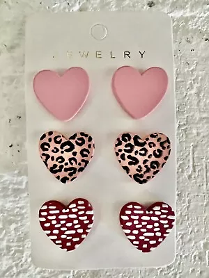 New~”Valentine Heart Earrings”~Pink/Multicolor~Print/Stud~Light Weight~Pack Of 3 • $3