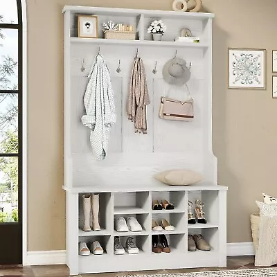 Hall Tree With Storage Bench 3-in-1 Entryway Bench With Coat Rack&Hanging Hooks • $179.97