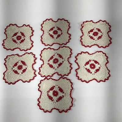 5 Vintage Red White Crochet Knit Doily Round Flower Design Table Topper Mat 11  • $19.99
