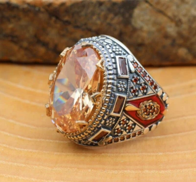$36 • Buy Topaz Men Ring Turkish Rings For Men 925k Sterling Silver Ottoman Ring Size 7-13