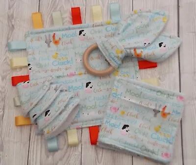 CLEARANCE Beautiful Baby Boy Set Farm Animal Sounds Taggie/ Wipes/Bunny Teether • £10