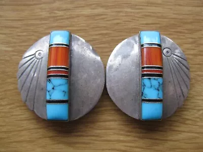 Native American Sterling Round Turquoise Inlay Clip Earrings • £45.99