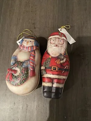 VTG RUSS  BERRIE Christmas Tin Ornament Snowman And Santa 4.25  Set Of 2 New • $12