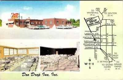 Muskegon MI Michigan  DOO DROP INN RESTAURANT Roadside Ca1950's Map Postcard • $8.94