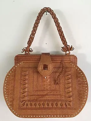 MOROCCAN PURSE - Vtg Leather Intricately Tooled Gladstone Bag - MUST SEE!! • $76.35