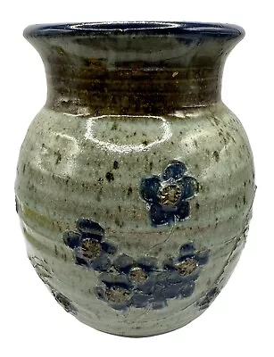 Vintage Signed Studio Art Pottery Vase M Barnett 1971 Gray Blue Floral Flowers • $29.99