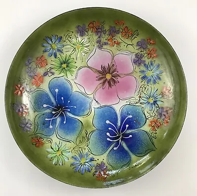 Vintage Colorful Enamel On Copper Plate Flowers Flower Power Signed Emaille  • $30.99