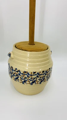 $75 • Buy Antique Stoneware Butter Churn W/ Wooden Dasher & Handmade Lid Hand Painted