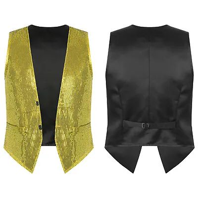 Men Sequin Waistcoat Shiny Vest Dance Party Show V-Neck Sleeveless Tuxedo Jacket • £19.50