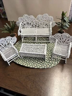 Set Of 7 Pcs. Of Patio Outdoor Miniature Doll House White Wire Furniture + Xtras • $35