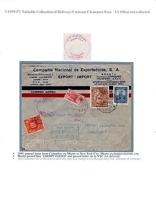 1941 Airmail Columbia Via Miami FL To New York NY Due W/ Customs Markings • $24.95