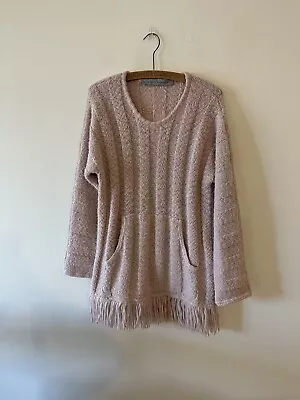 Raquel Allegra Baja Pullover Sweater Alpaca Wool Pink Fringe Sweater Pocket 2 • $79